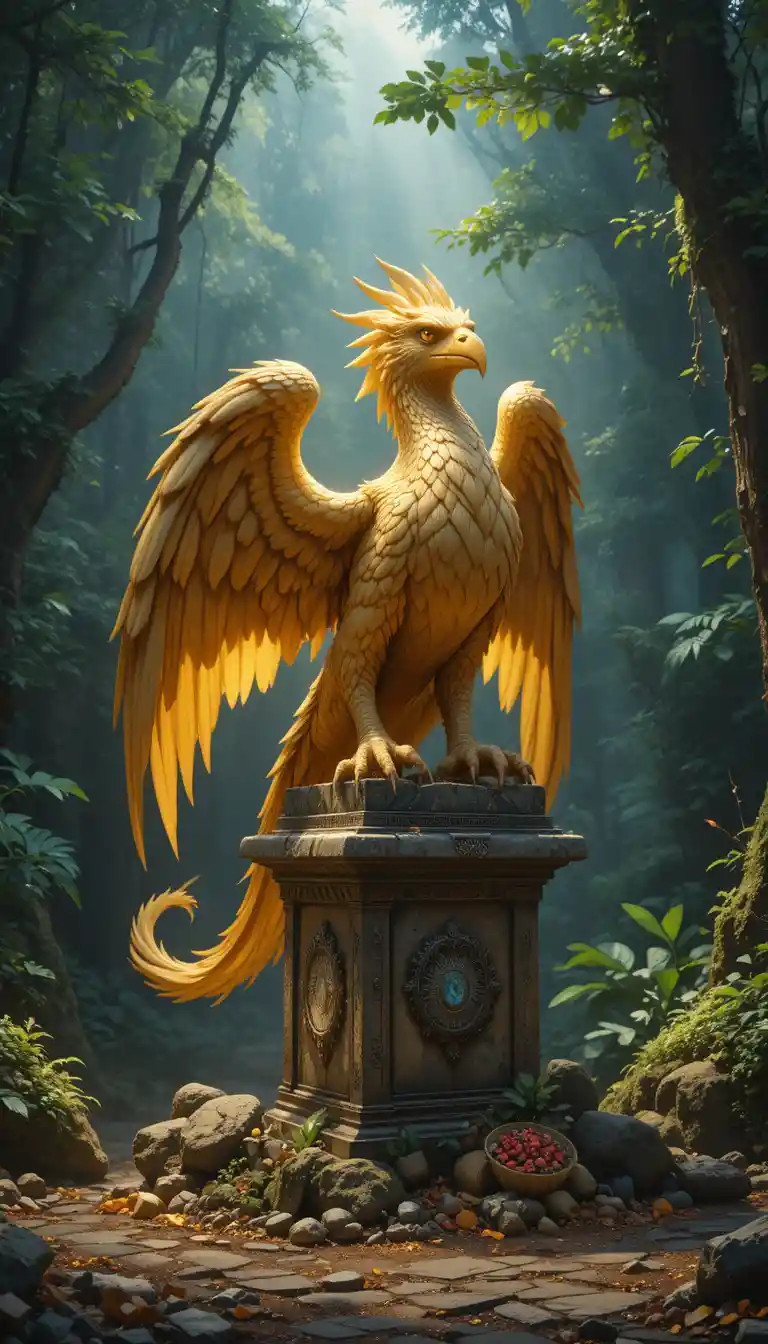 Golden griffin guarding ancient treasure in forest clearing