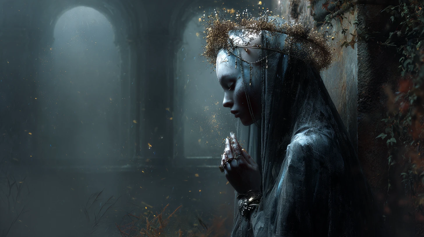 Ethereal African priestess performing ritual in ancient ruins