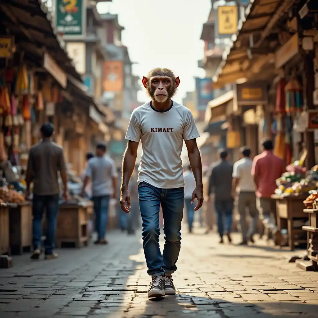Humanoid monkey walking through a busy Indian street market