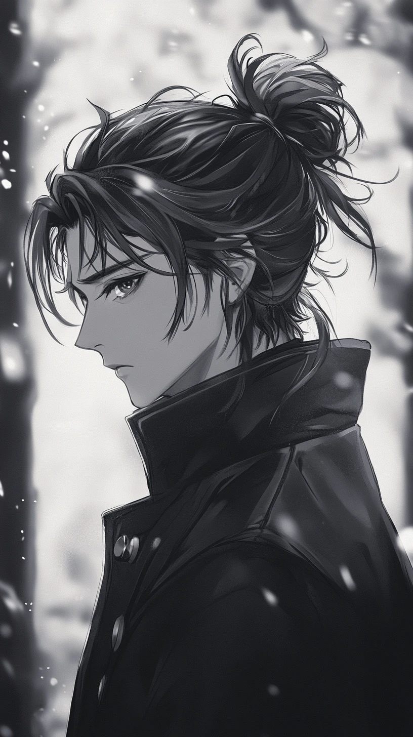 Melancholic anime man in snow with dramatic backlight