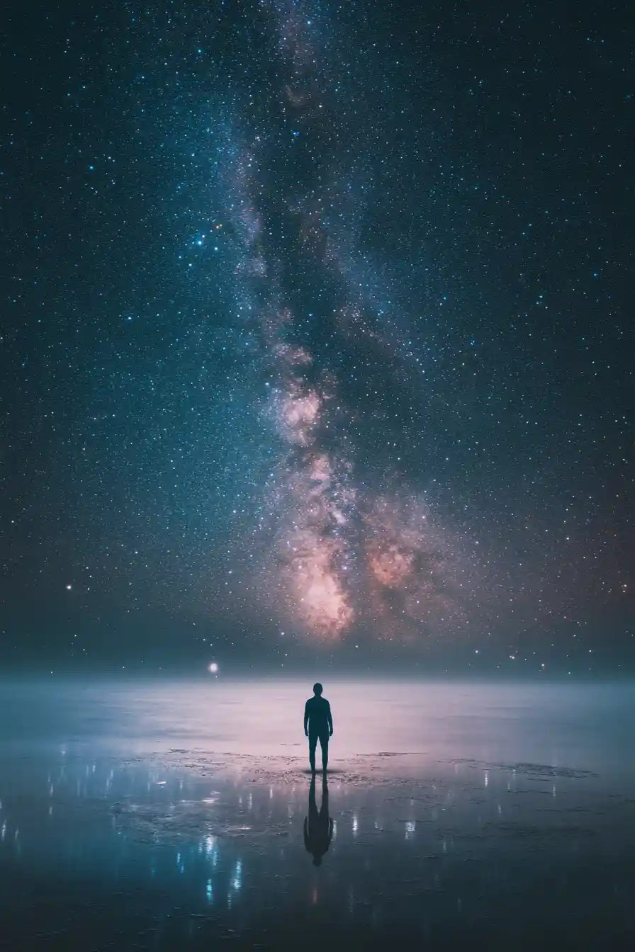 Piccola silhouette umana sotto un universo stellato infinito