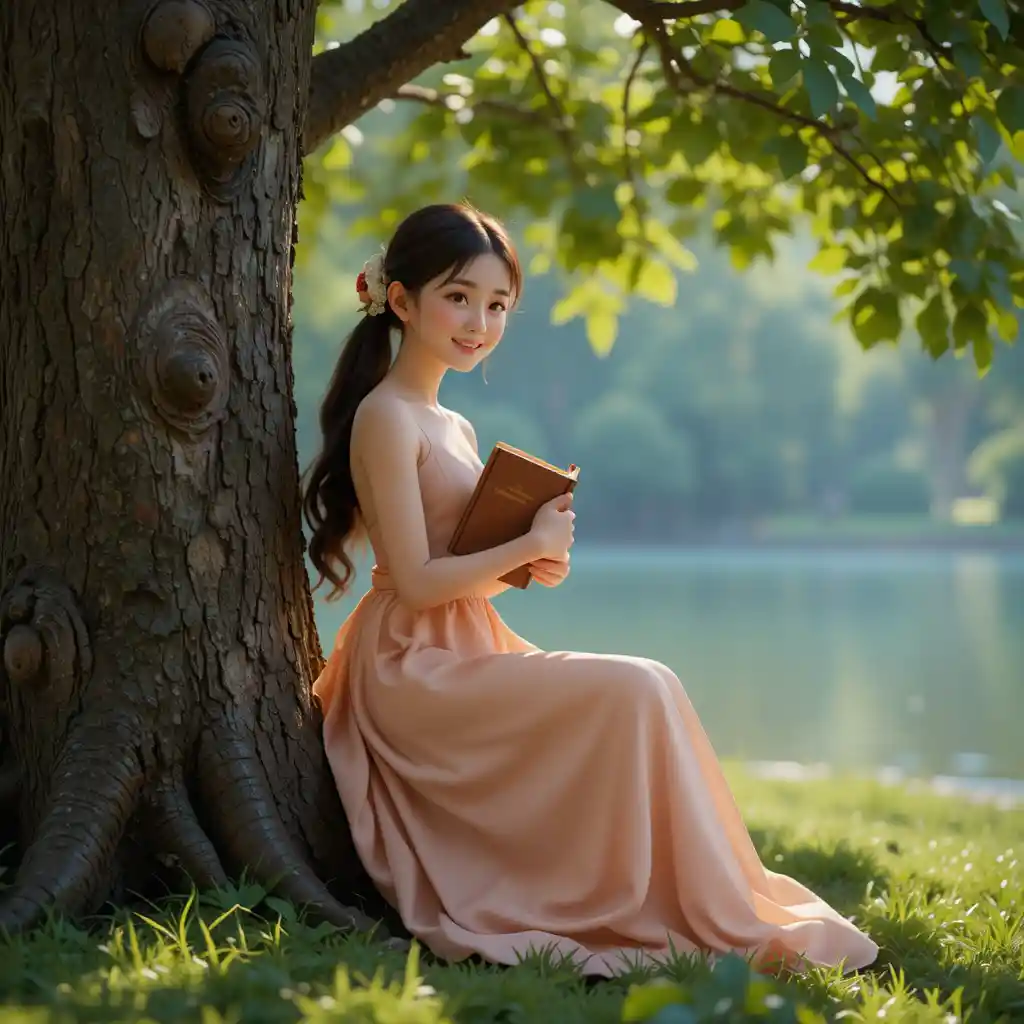 Studentessa coreana del primo anno con un libro accanto a un albero sul lago