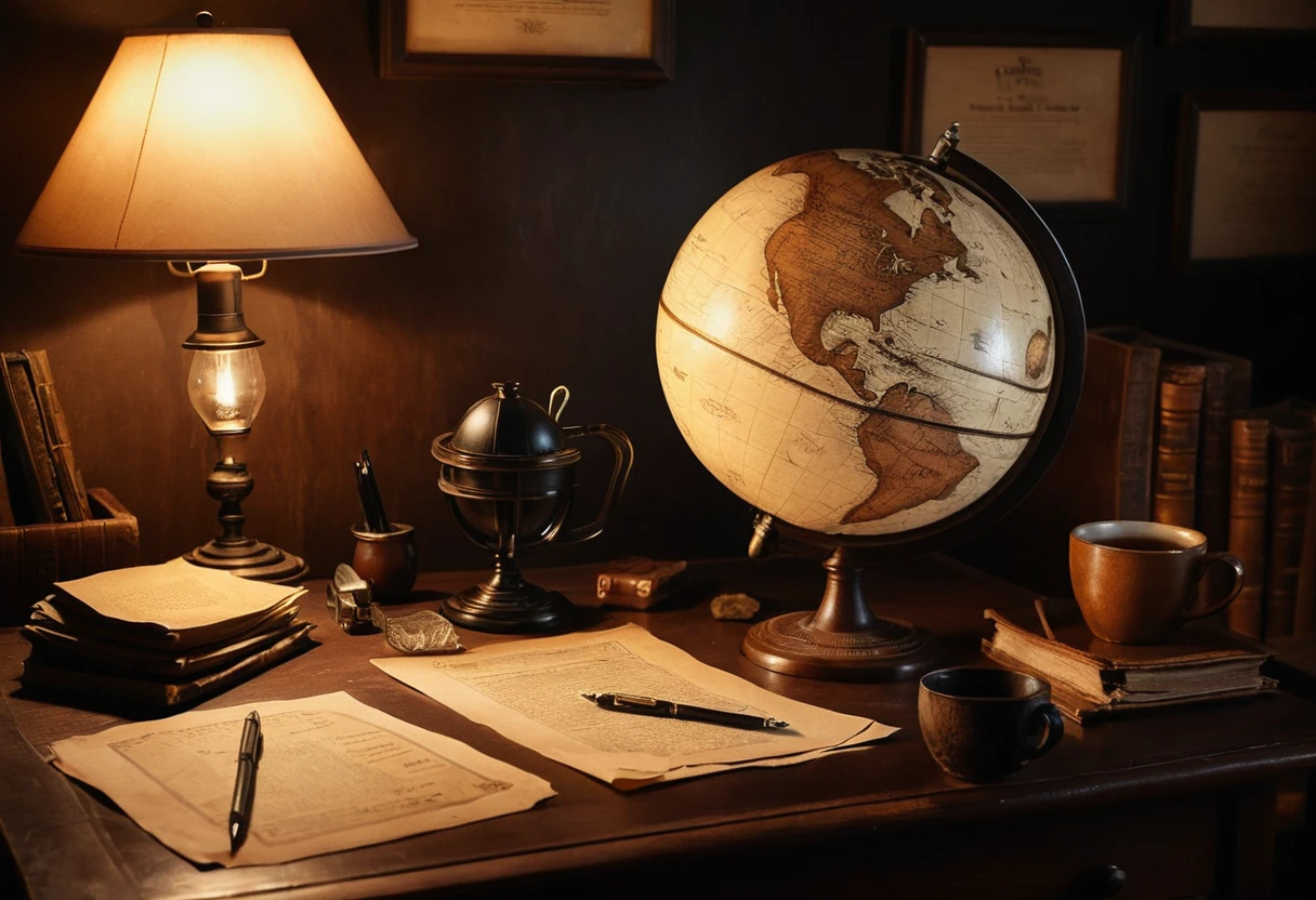 Bureau vintage chaleureux avec un homme à un bureau éclairé par une lampe