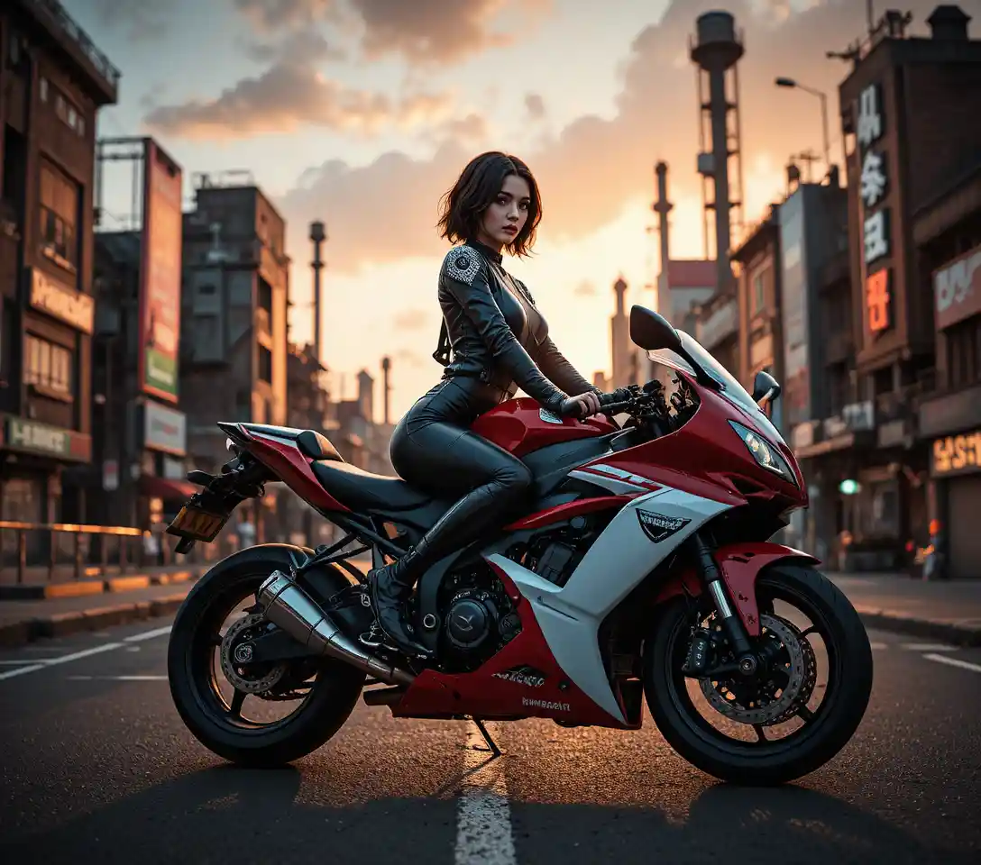 Red and white sport motorcycle parked by brick wall