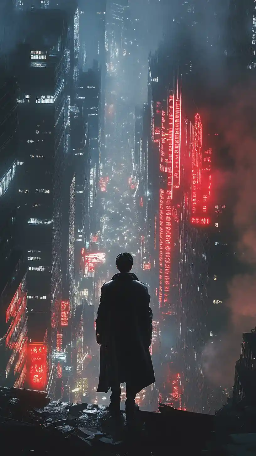 Lone man in cyberpunk alley under towering cityscape