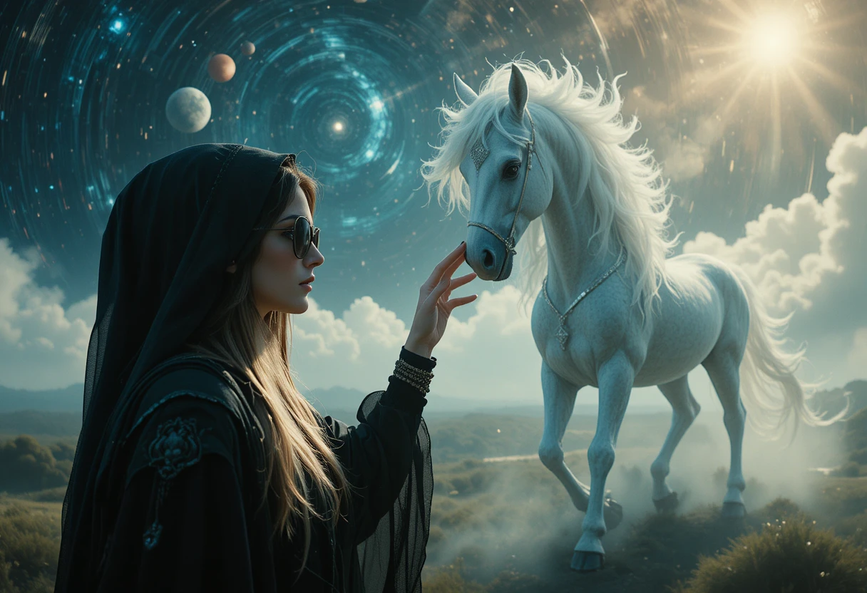 Mystical woman in hood touching ethereal cosmic horse