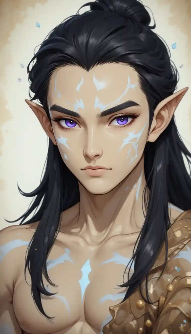 Fantasymagier mit violetten Augen und leuchtenden Elementarzeichen