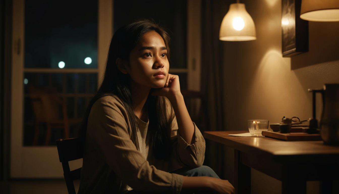 Tired young woman sitting alone in a dim lamplit room