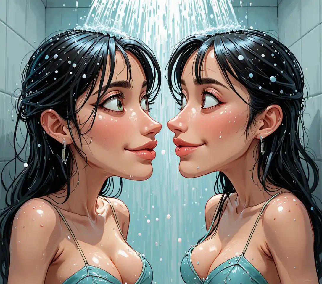 Two anime women together in a modern shower scene