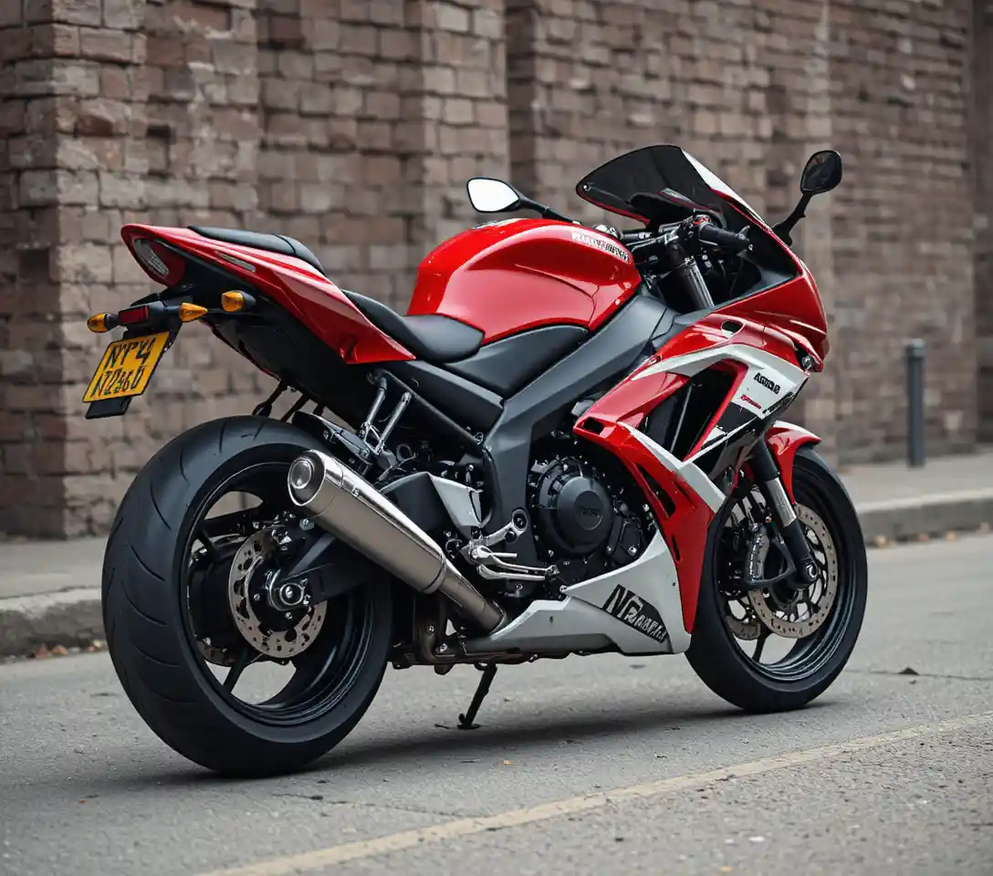 Red and white sport motorcycle parked by brick wall