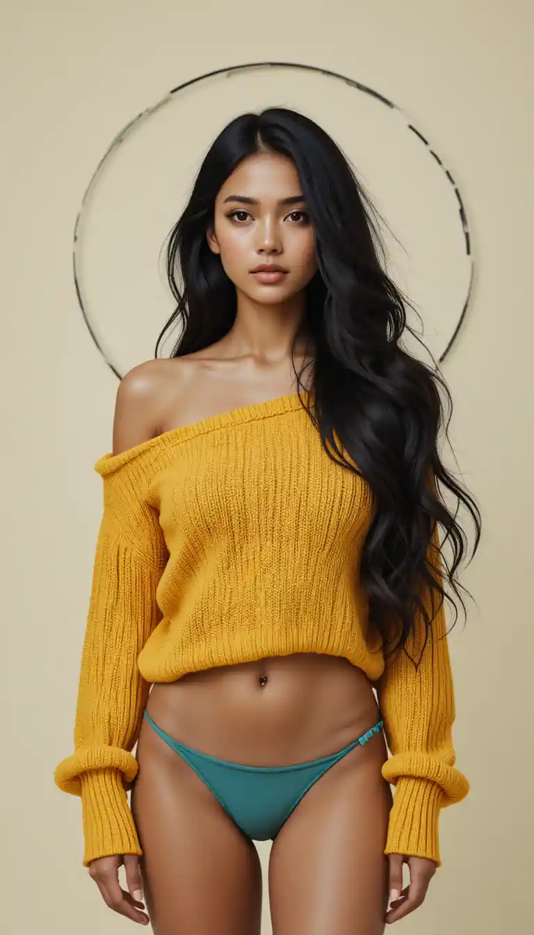 South Asian woman in sweater and bikini studio portrait