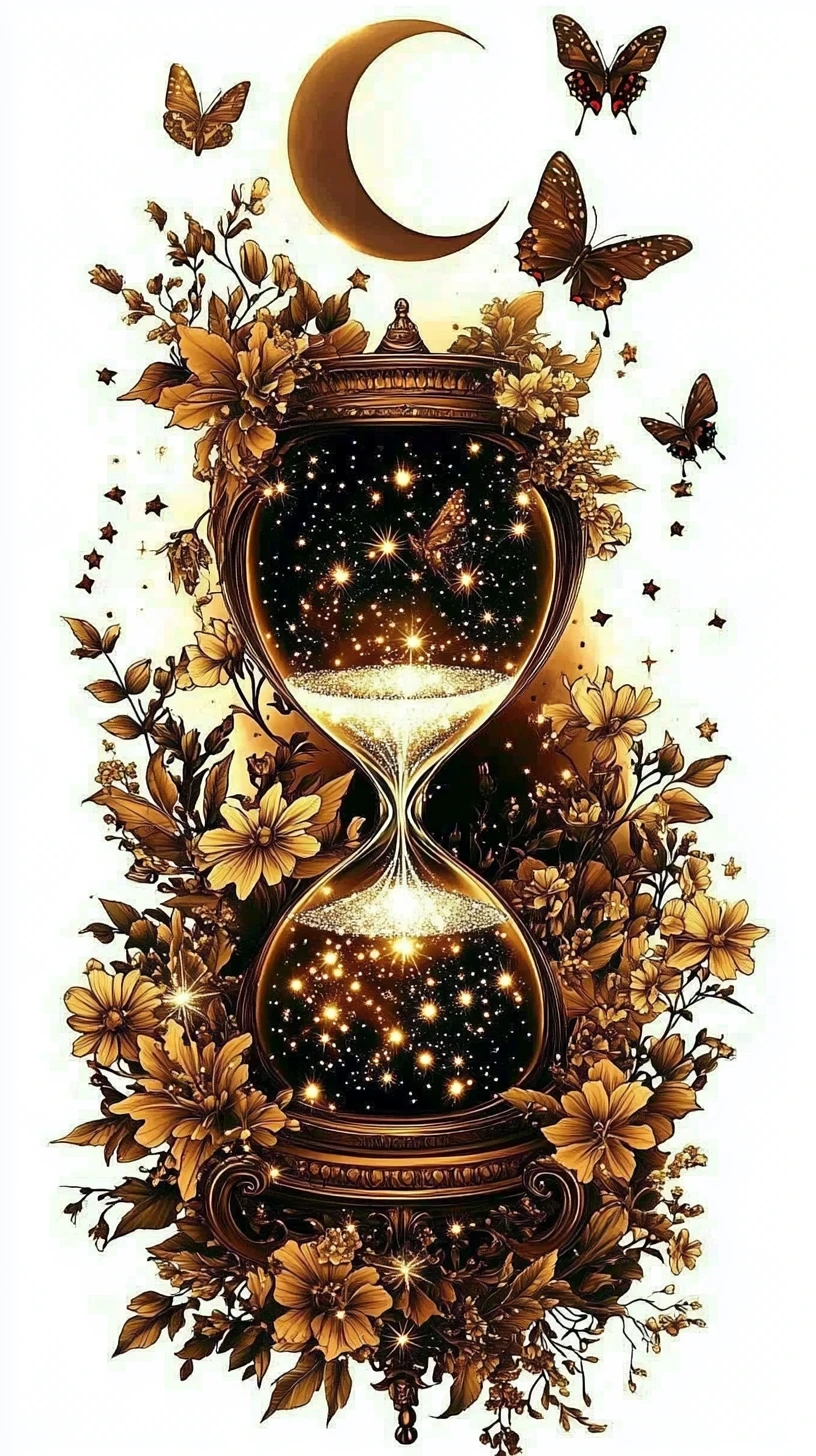 Mystical hourglass with starry petals in floral line art