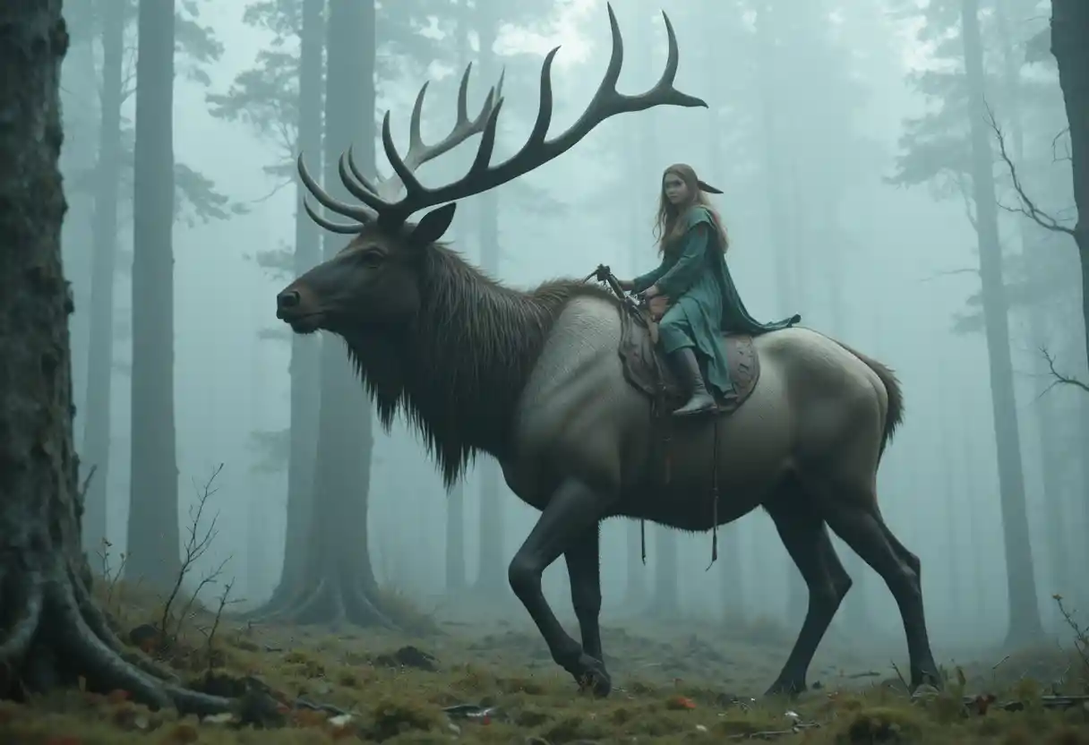 Elf riding a giant elk in a foggy forest close up