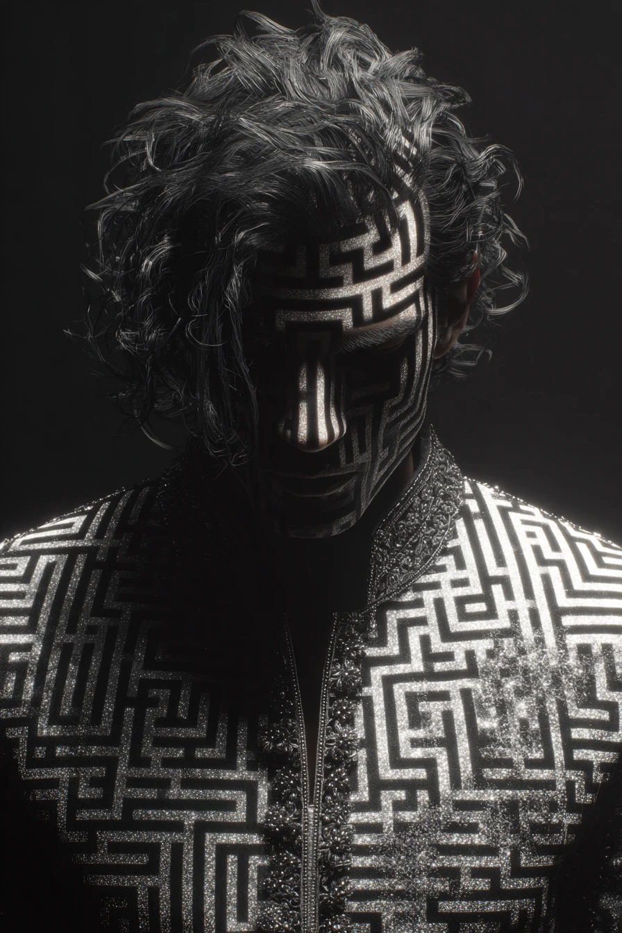Surreal 3D maze portrait of an Indian male fashion model