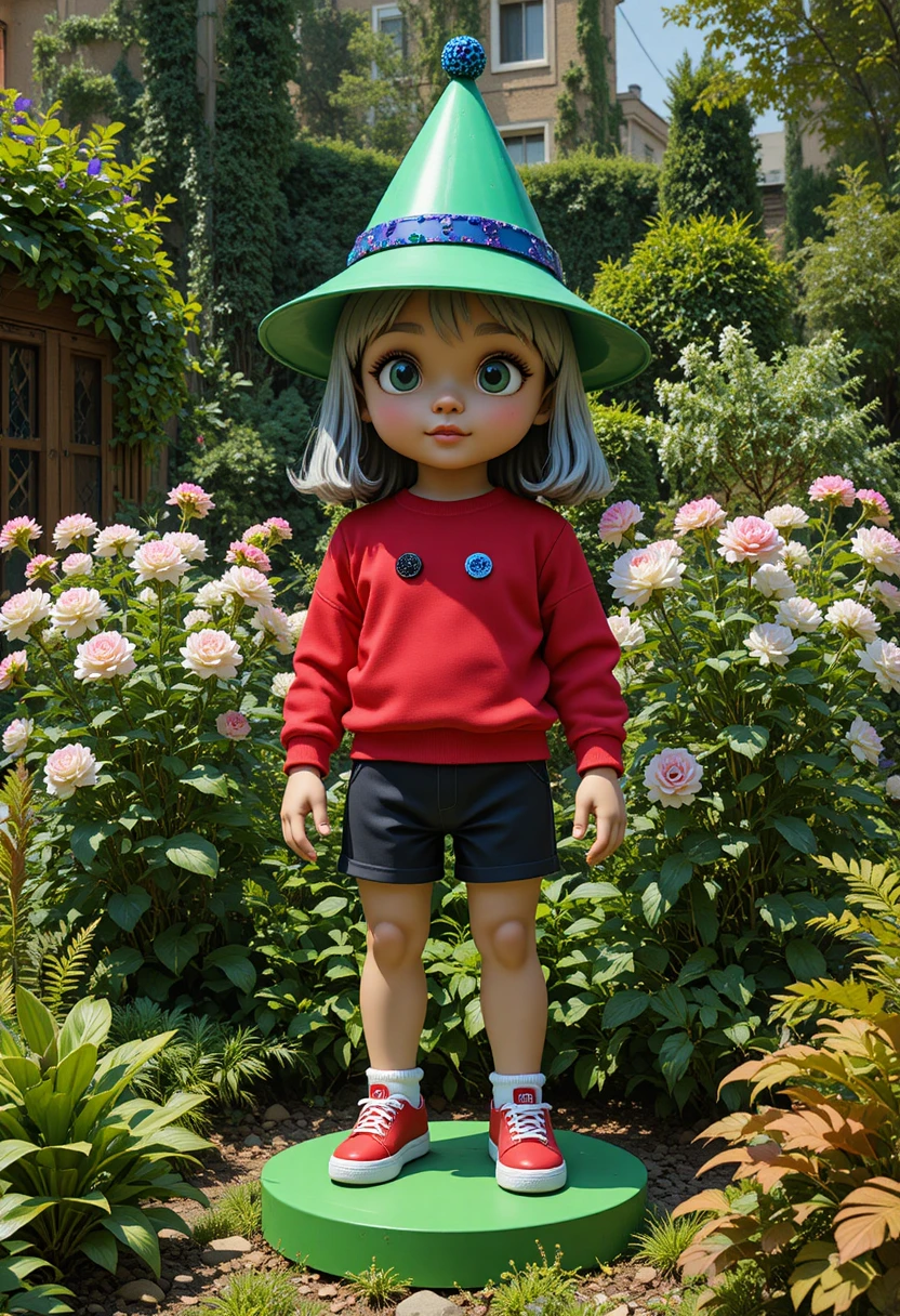 Playful childlike doll statue standing in a spring garden
