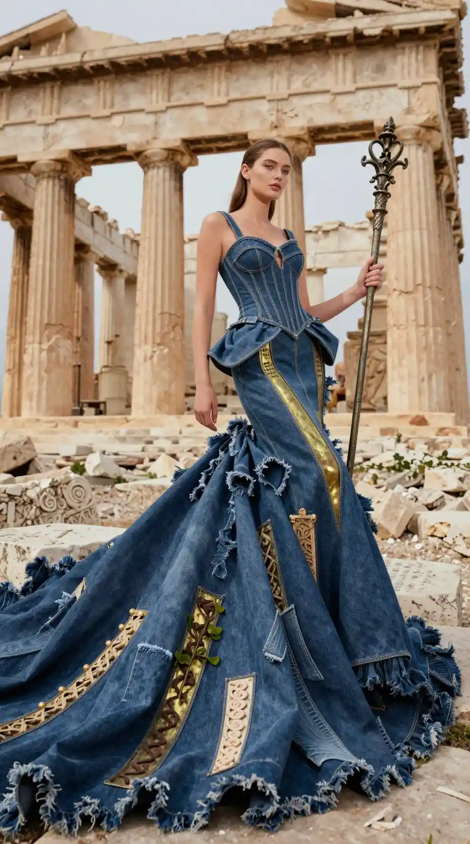 Modella statuaria in abito di denim tra antiche rovine di un tempio