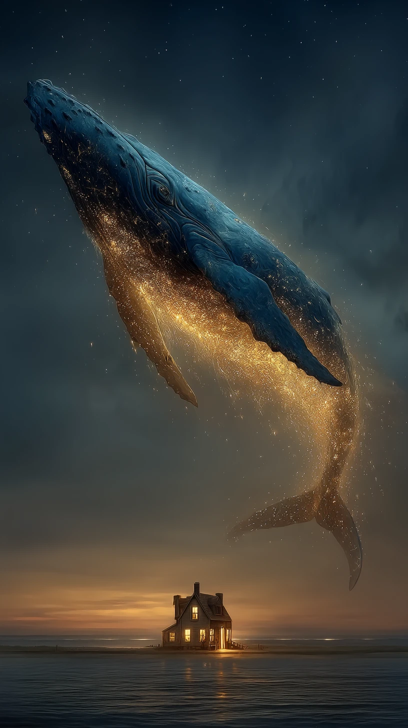 Blue whale gliding through a glowing starry sky
