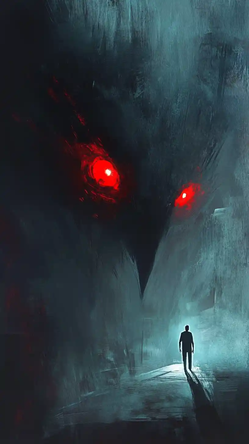 Glowing red eyes looming in the dark night sky