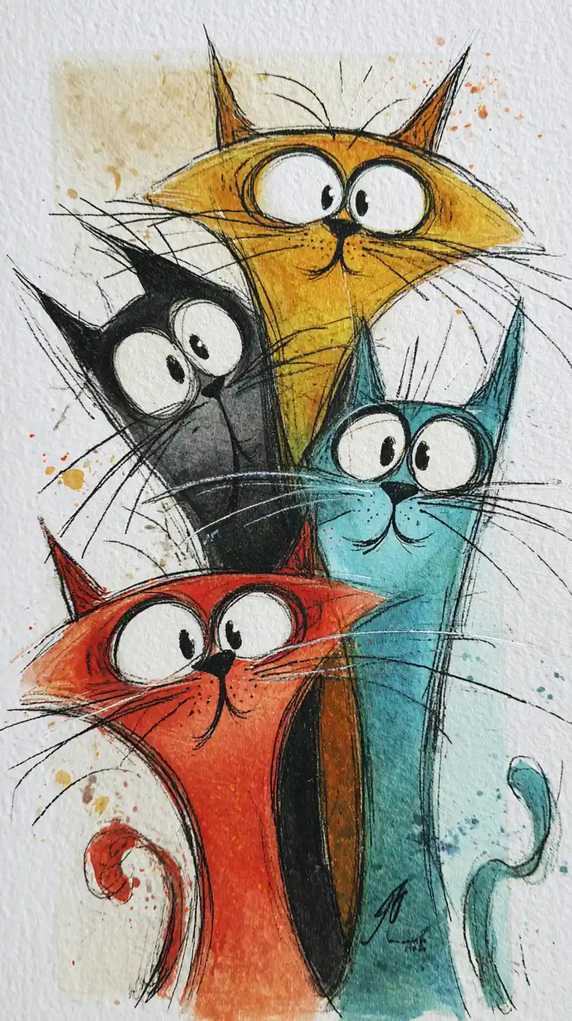 Playful stacked cartoon cats in a colorful hand drawn portrait