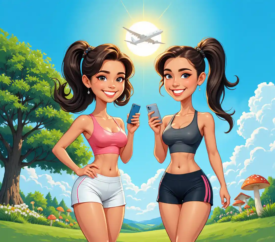 Zwei sportliche Frauen lächeln in sonniger Outdoor-Illustration