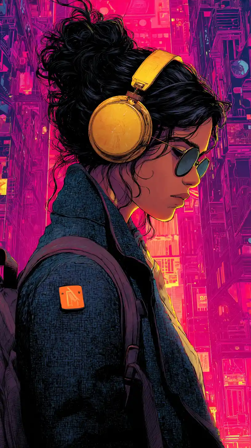 Cyberpunk-Mädchen mit Kopfhörern im Neonstadt-Glühen