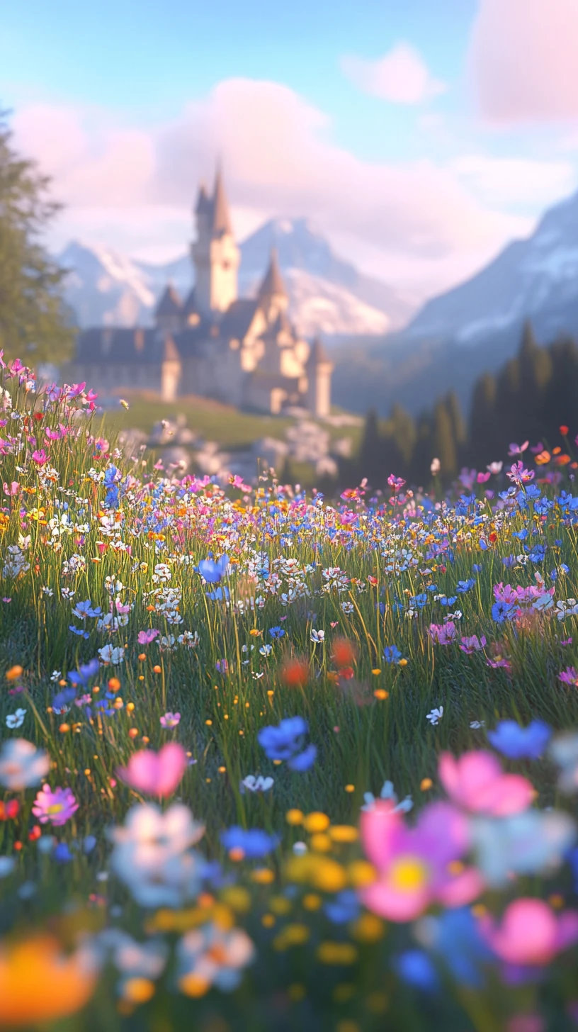 Blooming flower garden before a distant evening castle
