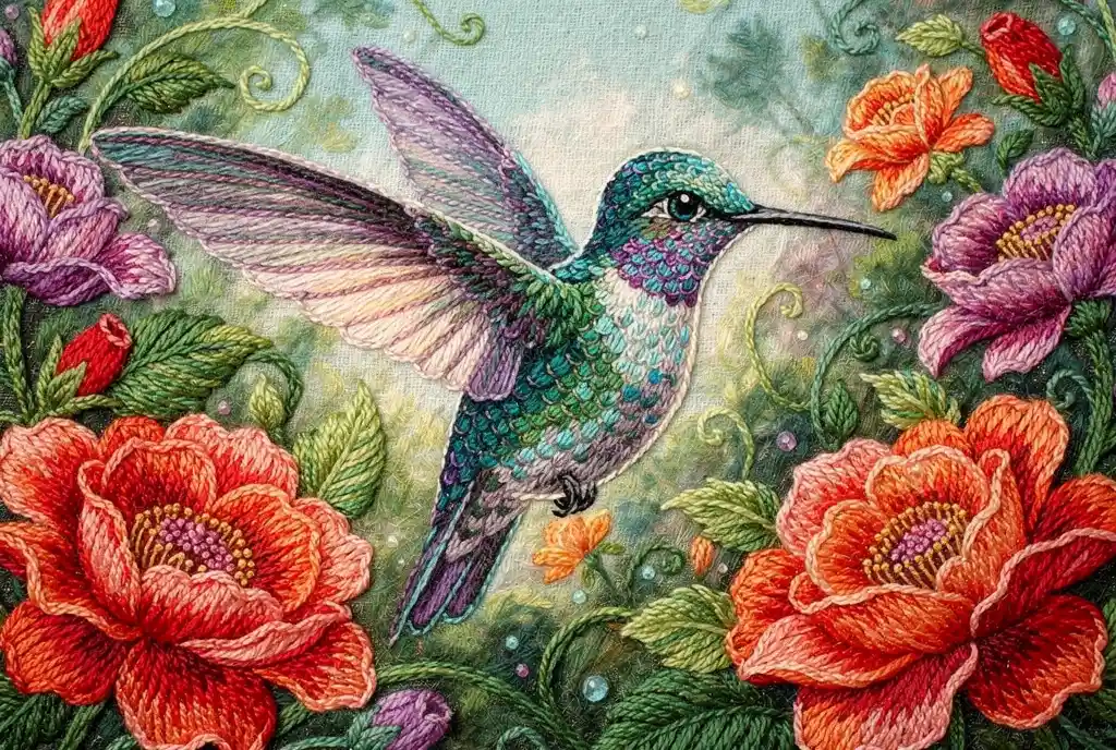 鬱鬱花園中在花朵旁盤旋的刺繡蜂鳥
