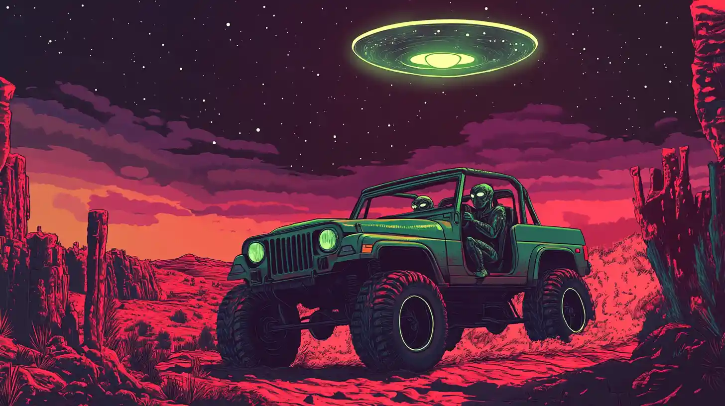 Neon green alien driving a lifted jeep in desert night