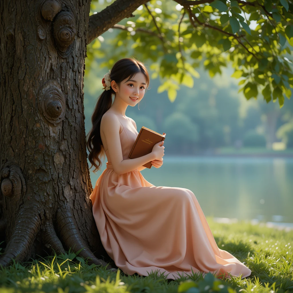 Studentessa coreana del primo anno con un libro accanto a un albero sul lago