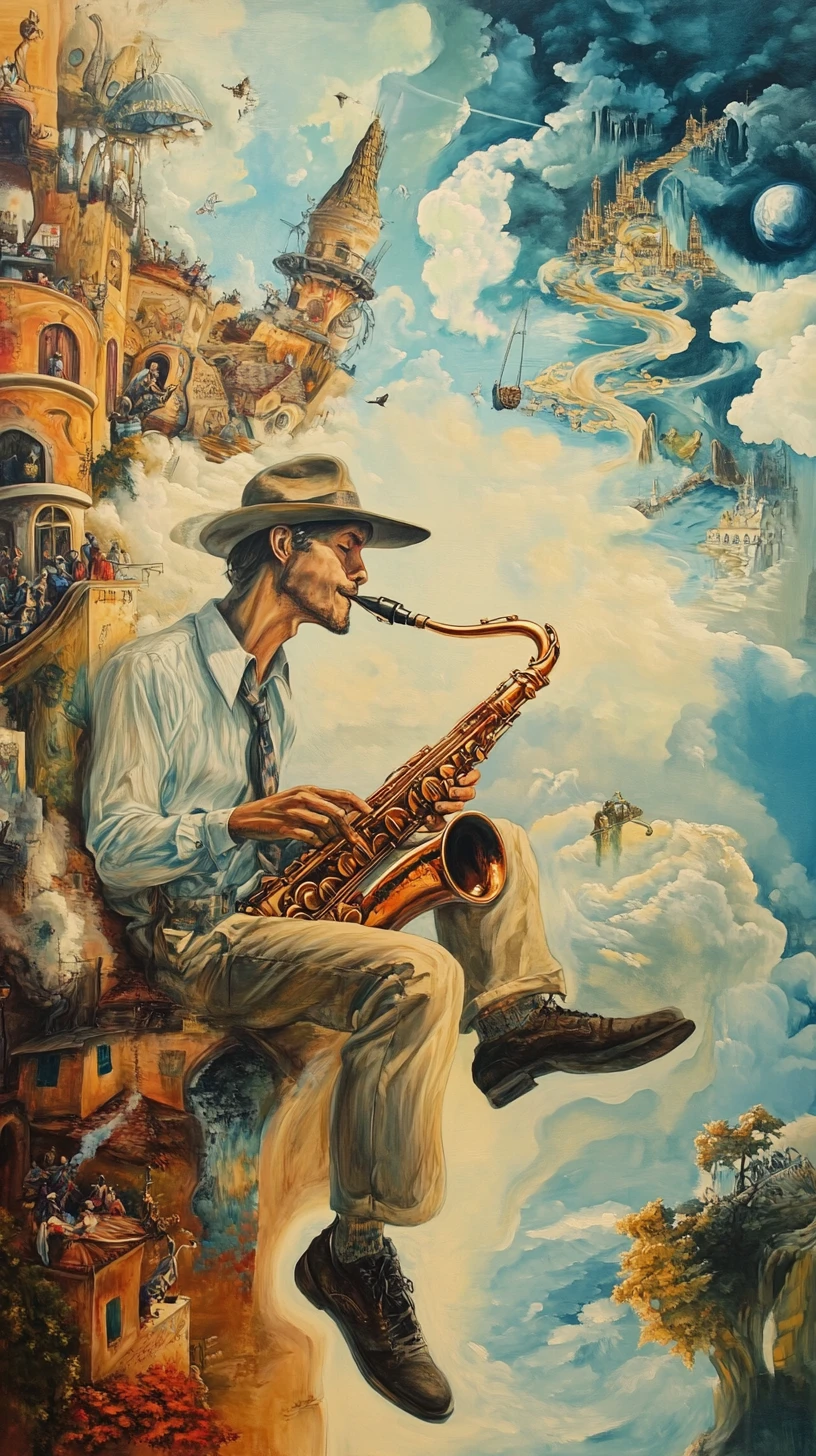 Abstract jazz inspired scene with musical energy flowing
