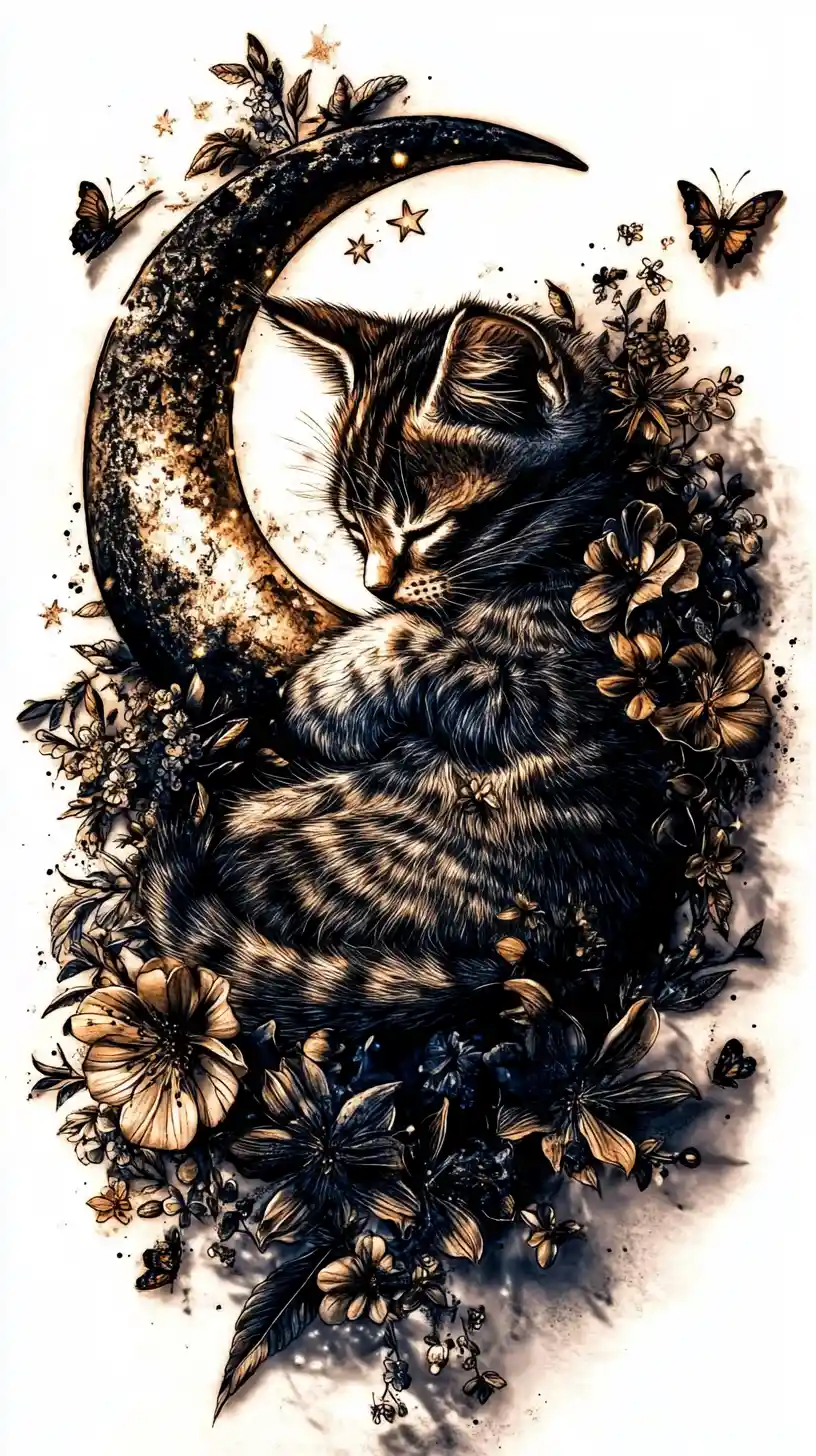 Gattino delicato avvolto intorno a una luna crescente con fiori