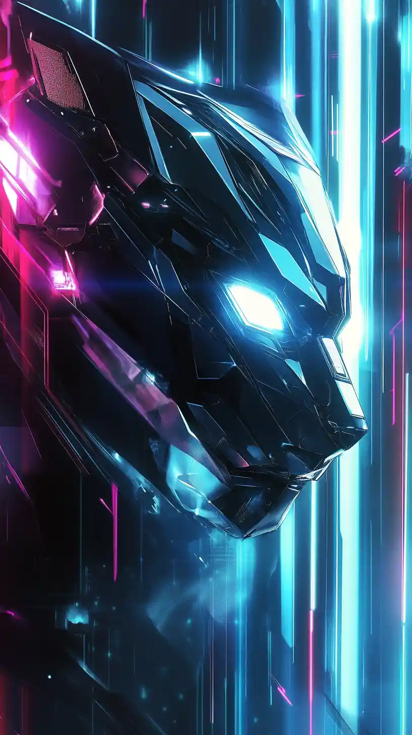 Futuristic robotic panther head in neon glitch cyberpunk glow