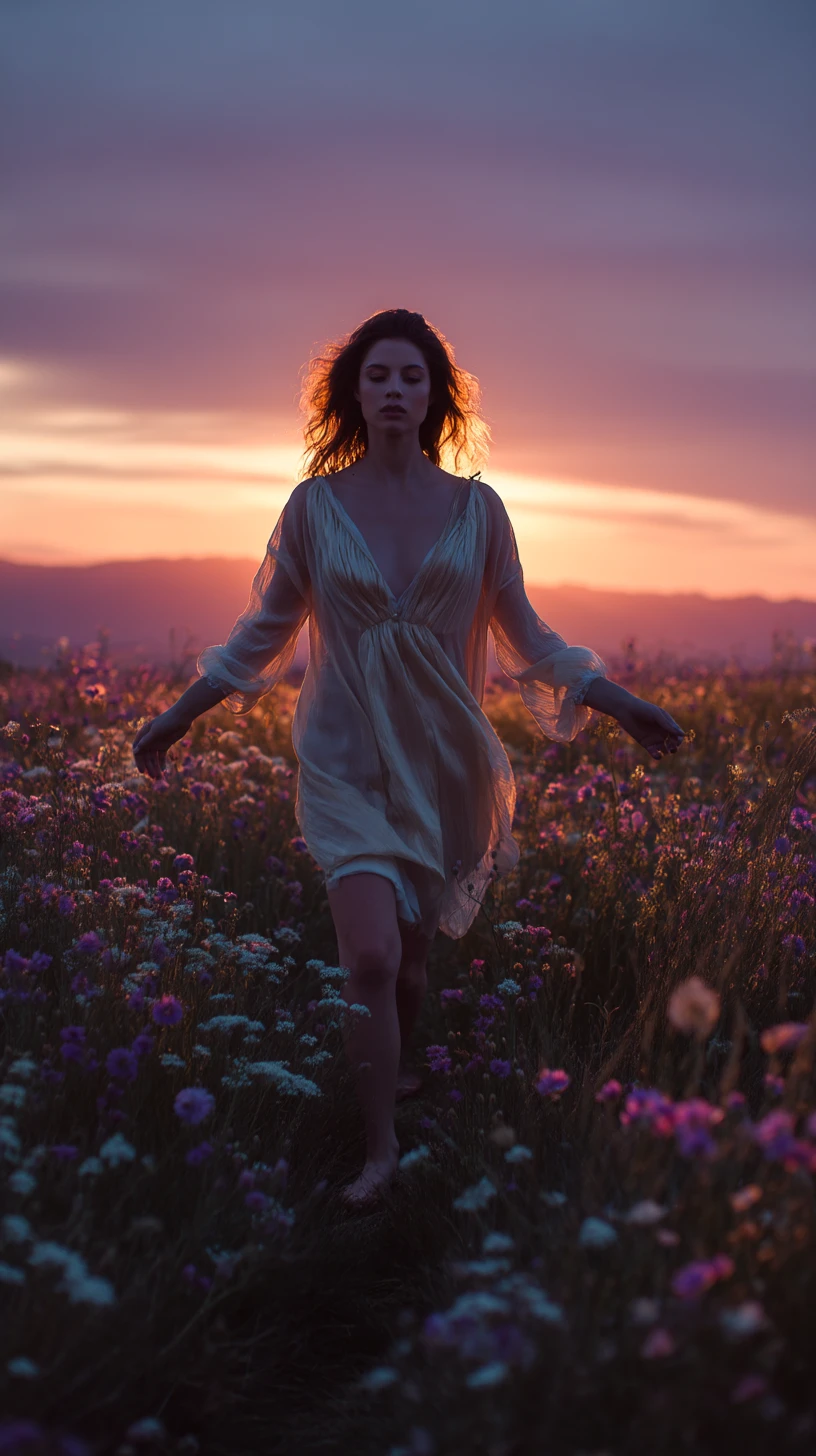 Woman walking through wildflower field at dusk in backlight