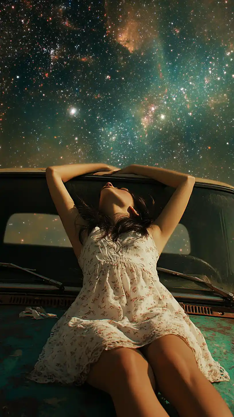 Girl lying on a car hood under a quiet starry sky