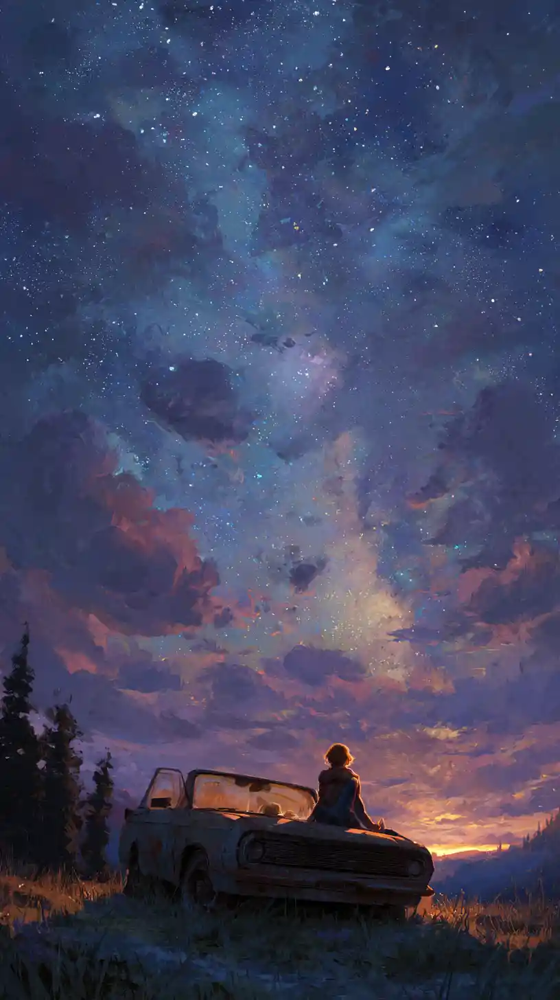 Couple Lying On Car Hood Gazing At The Night Sky