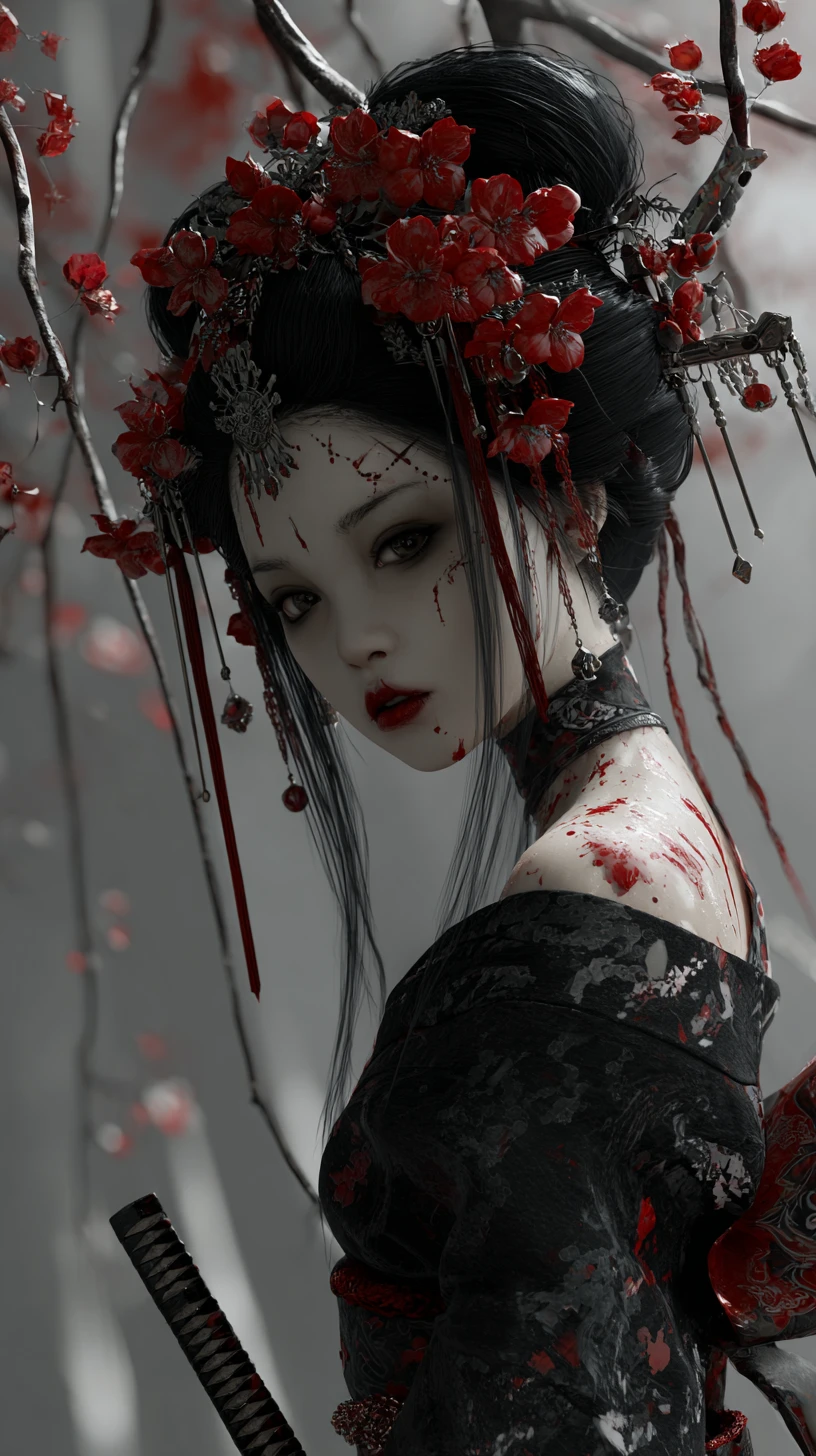 Gothic Japanese woman with cherry blossoms and katana