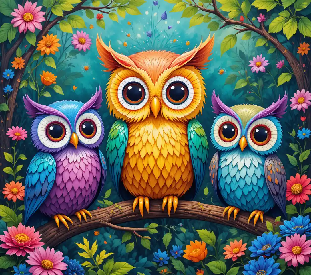 Colorful cartoon owls in a lush whimsical garden