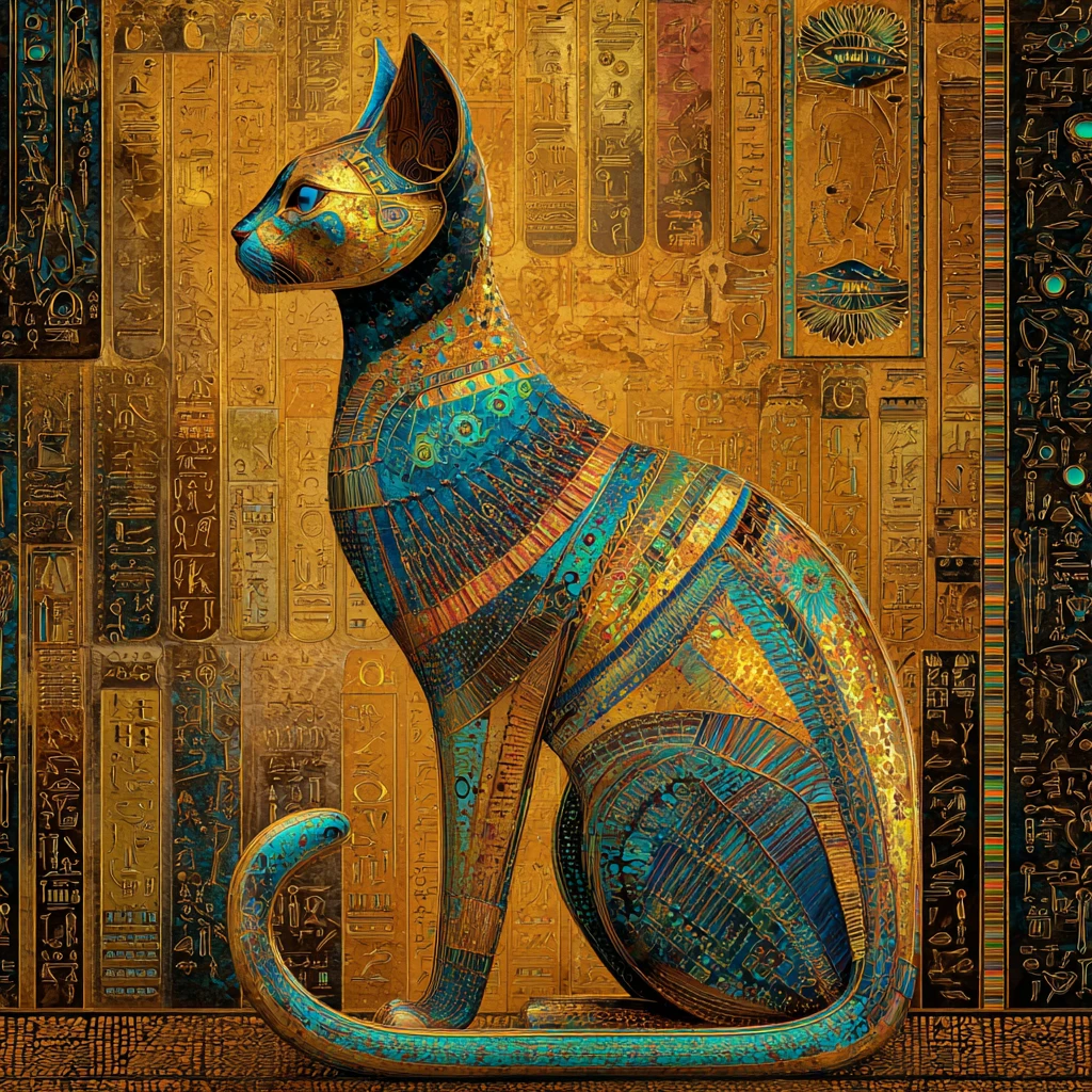 Mystical Bastet Cat In Golden Ancient Egyptian Mosaic Style