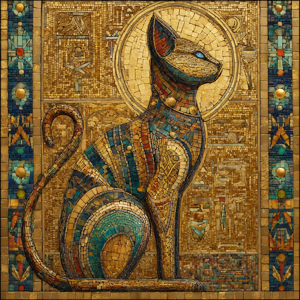 Mystical Bastet cat in radiant Egyptian mosaic design