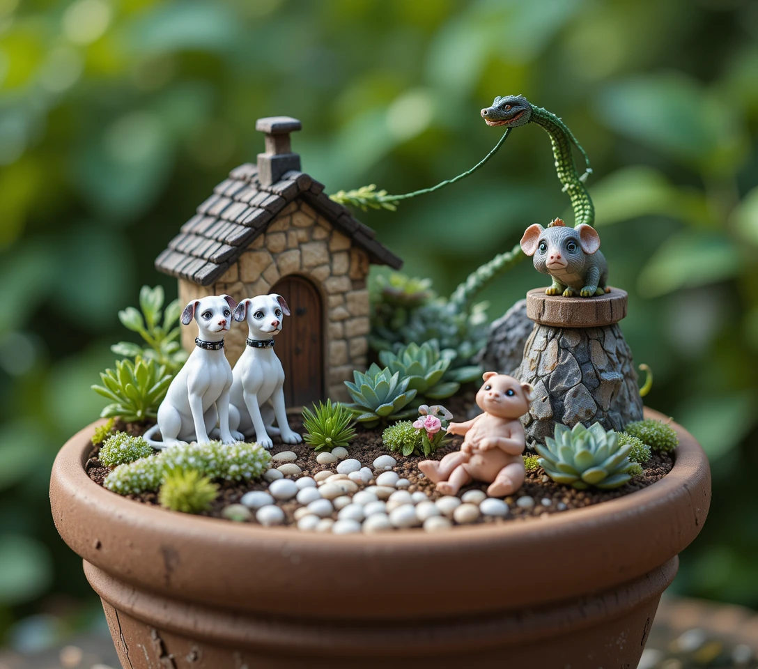 Miniature garden scene with dalmatian puppies and small house