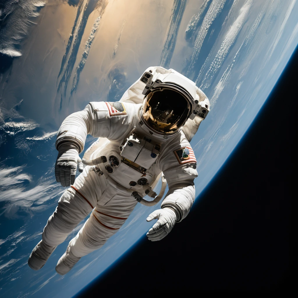 Astronaut Working On Space Shuttle Above Sunlit Earth