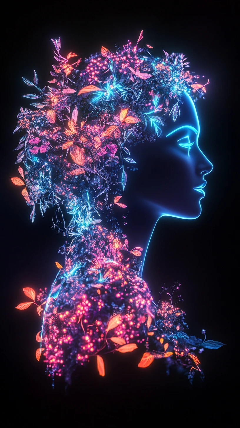 Neon floral woman silhouette glowing against black background