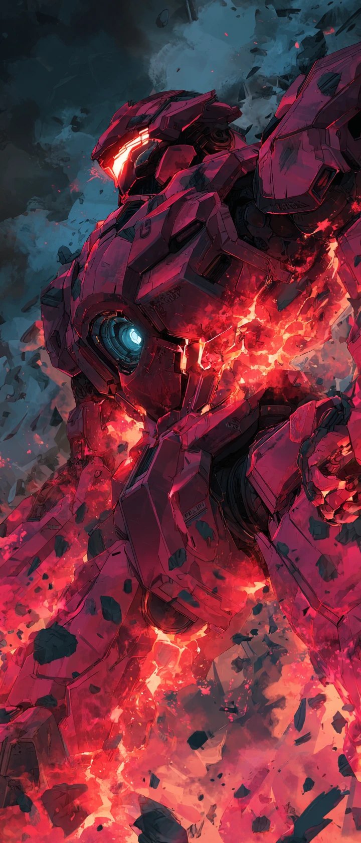 Anime mech pilot emerging from colossal robotic guardian