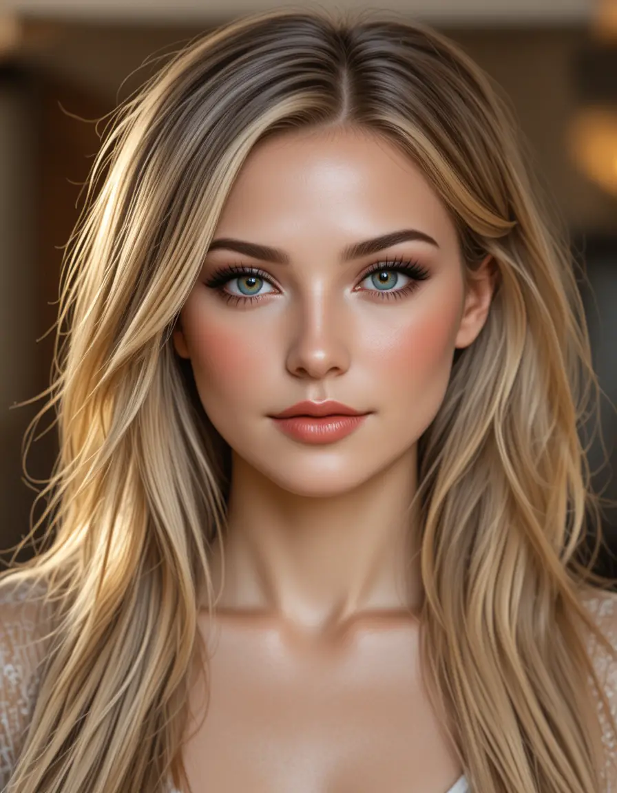 Flirty blonde girl headshot with soft green eyes