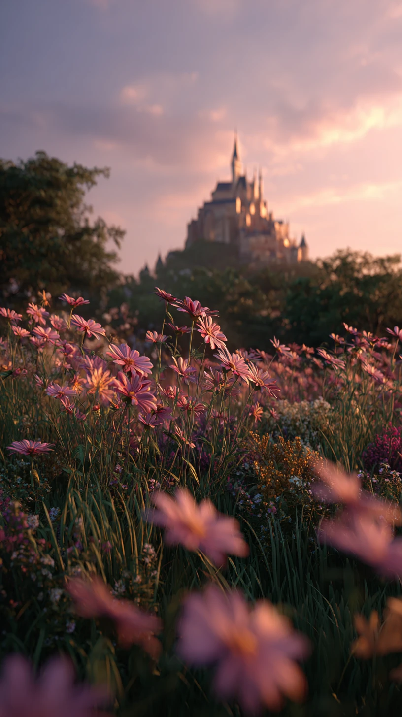 Blooming flower garden at dusk with distant castle view