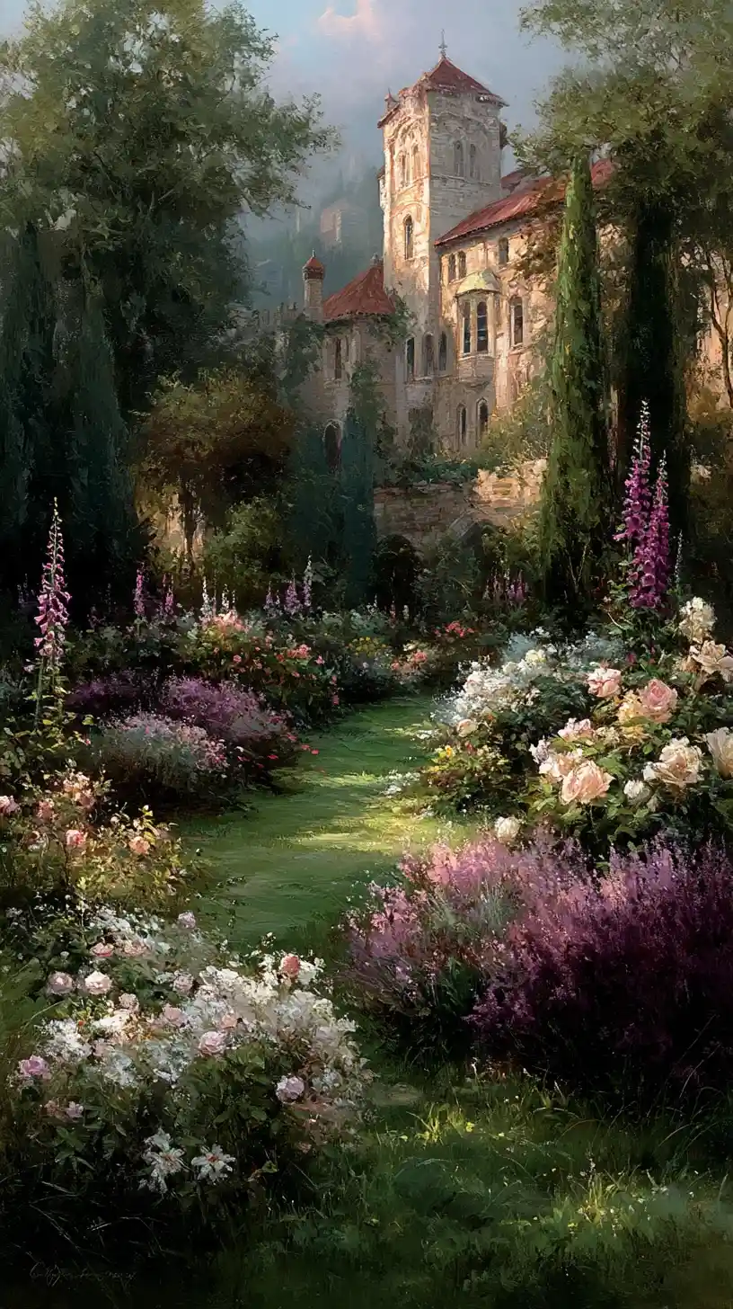 Enchanted flower garden glowing in soft golden evening light