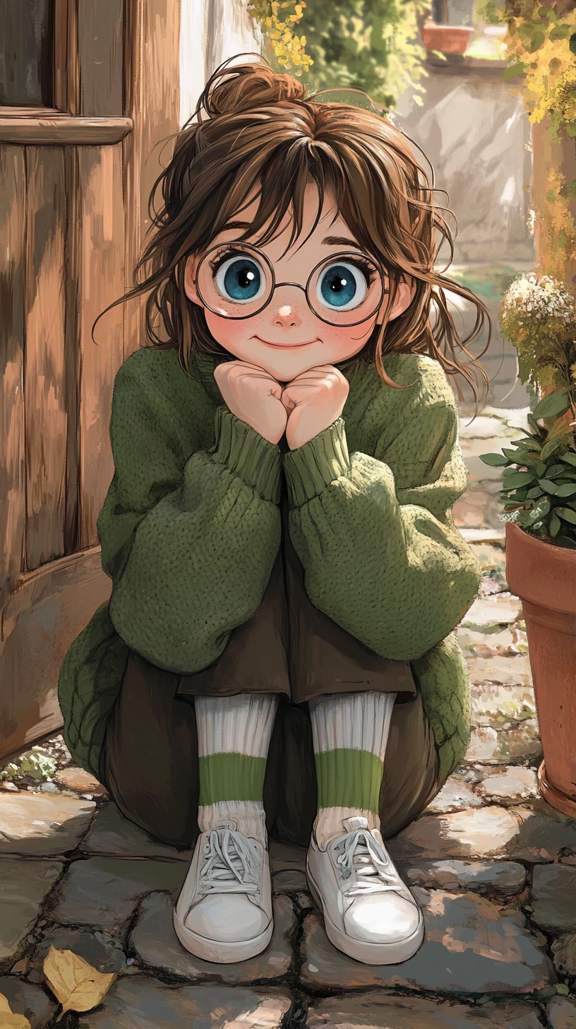Playful girl in glasses sitting on a garden stone path