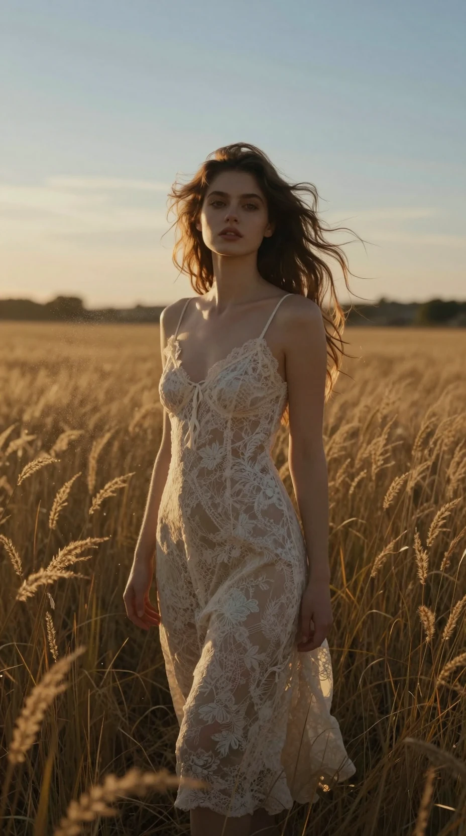 Young woman in golden meadow at hazy blue hour sunset