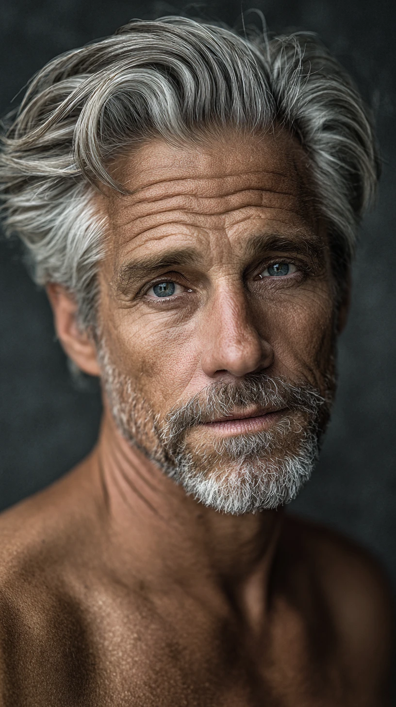Older man portrait with intense contemplative studio gaze
