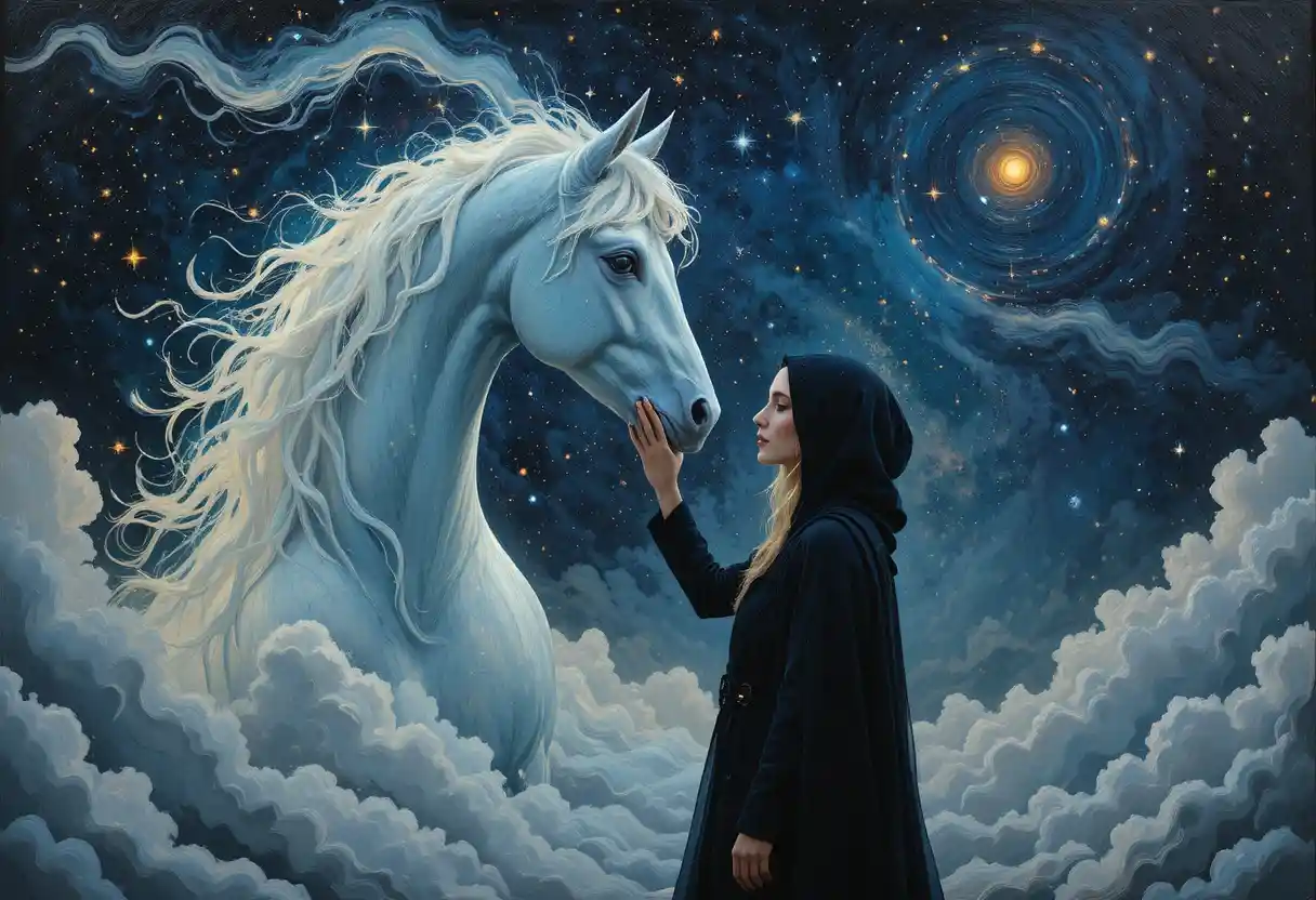 Femme mystique avec lunettes de soleil cosmiques près d’un cheval éthéré